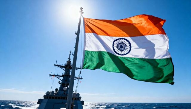 Indian flag waving from naval mast over open ocean with backlit ashoka chakra and sunlit horizon