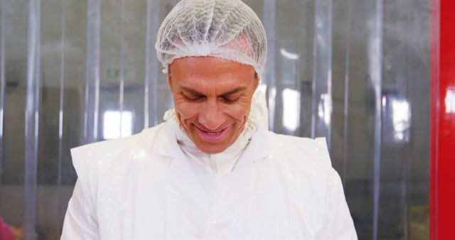 Caucasian Worker in Protective Suit Smiling in Meat Factory - Download Free Stock Images Pikwizard.com