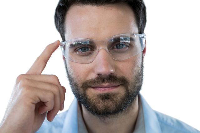 Close-up of a man wearing protective eyewear, pointing at his glasses. Ideal for use in safety training materials, workplace safety campaigns, industrial equipment advertisements, or professional safety gear promotions.