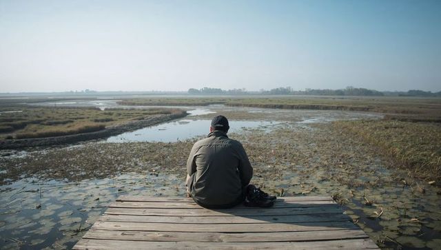 Man sitting on dock gazing over tranquil marshland horizon, solitude and contemplation