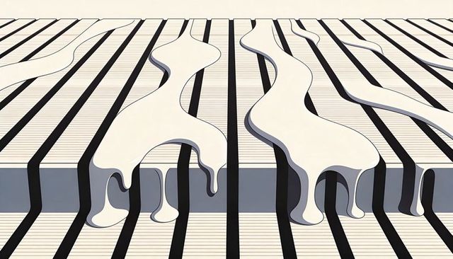 Flowing cream drapes striped slats casting deep shadows abstract architectural pattern