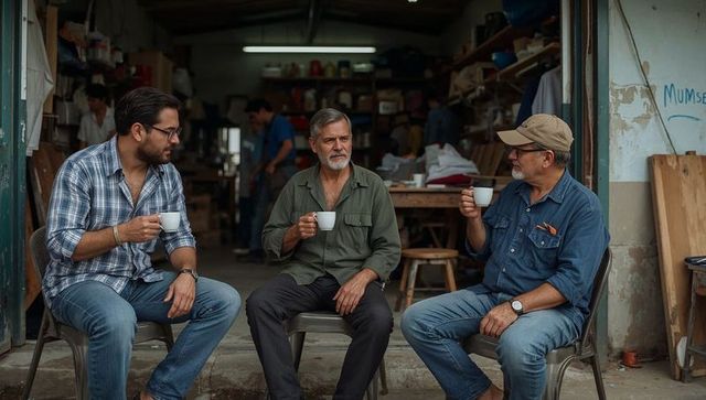 Three craftsmen sitting with coffee outside woodworking workshop sharing conversation