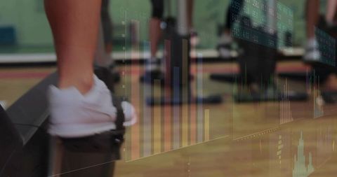 Step aerobics with financial data overlay concept for fitness and wellness branding