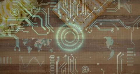 Toasted bread and scrambled eggs on wooden cutting board with neon hud circuit overlay