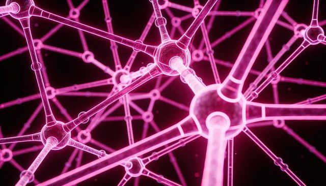 Neon pink molecular network with glowing nodes and futuristic volumetric lattice