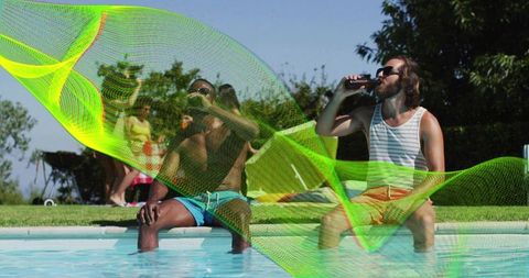 Sipping cold drinks at backyard pool, relaxing friends with neon mesh overlay