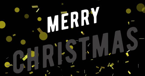 Merry Christmas Text with Falling Gold Confetti on Black Background