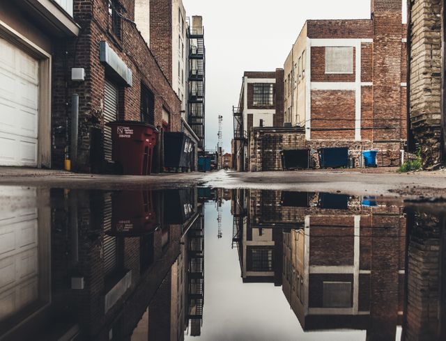 Urban alleyway showing reflection of industrial buildings in large puddle. Cobblestone pathway lined with brick buildings, industrial chic ambiance. Suitable for urban photography collections, architectural studies, cityscape backgrounds, and themes that convey grunge, grit, and industrial environments.