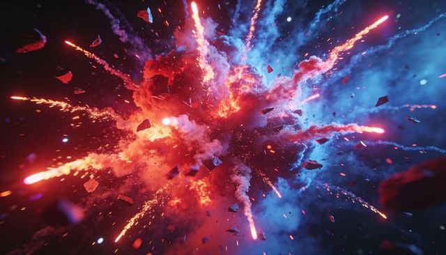 Explosive cosmic nebula eruption with red-orange and blue gas plumes and debris