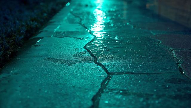 Glistening wet pavement with teal light at night