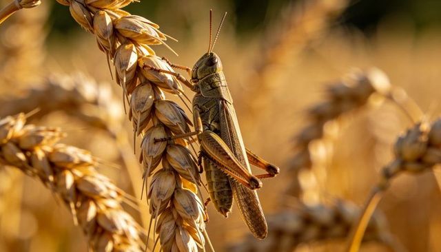 Clinging grasshopper basking on wheat head in golden field macro closeup