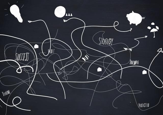 This image shows a series of scribbled arrow lines connecting various business terms like 'success', 'strategy', 'income', and 'production' on a blackboard-style background. This can be used in presentations, business strategy sessions, and educational materials to depict complex business processes and pathways to success.