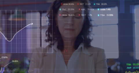 Caucasian Businesswoman Analyzing Financial Data with Virtual Interface