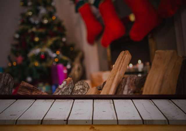 Firewood on Wooden Table with Blurred Christmas Tree and Stockings in Background - Download Free Stock Images Pikwizard.com