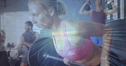 Tech-fueled workout: woman lifting barbell with neon code overlay in dynamic gym scene