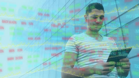 Man Analyzing Financial Data on Tablet with Futuristic Overlay