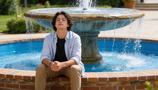 Male meditating on brick fountain rim in sunny courtyard practicing mindfulness and relaxation