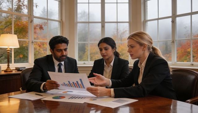 Three executives reviewing financial charts around classic conference table with autumn view