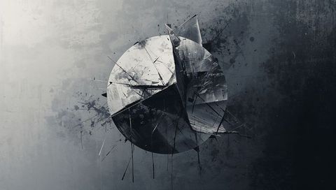 Fragmented Metallic Sphere Shattering into Angular Shards Futuristic Monochrome Orb