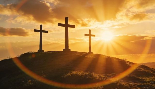 Three crosses standing on hilltop at sunrise casting golden rays and lens flare
