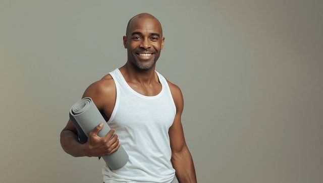 Confident fit male holding yoga mat in studio