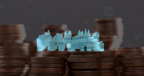 Futuristic financial growth concept with coin stacks and holographic skyline
