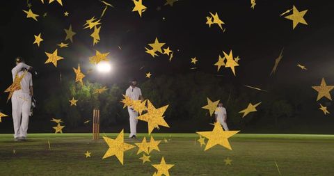 Night cricket players standing by stumps under floodlights with golden star overlay