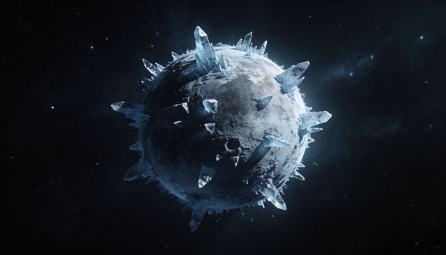 Glowing icy planetoid with crystalline spikes reflecting blue rim light in deep space