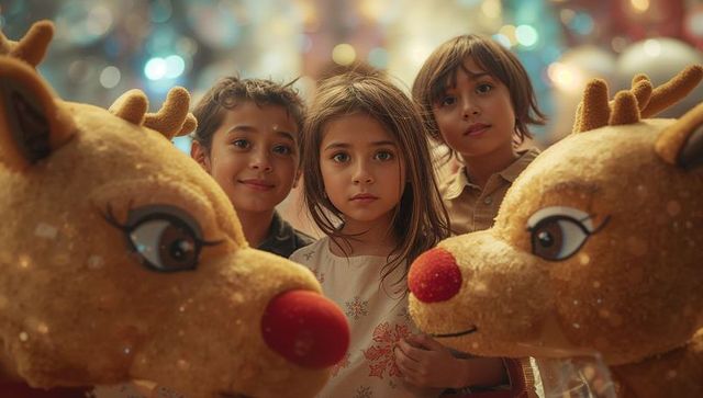 Children Enjoying Holiday Festivities with Plush Reindeer in Winter Wonderland