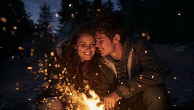 Young couple cuddling by campfire at night with sparks flying, cozy outdoor romance