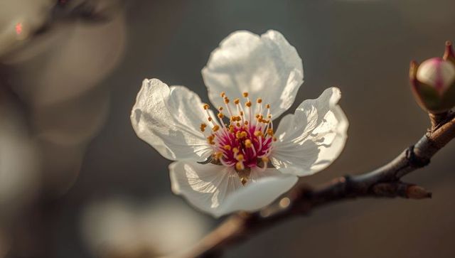 Delicate white blossom revealing pink center and golden stamens on brown branch with soft bokeh