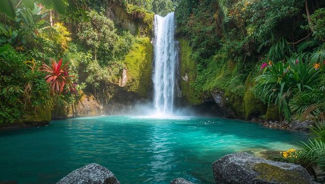 Tropical waterfall pouring into turquoise plunge pool with mossy cliffs and lush jungle