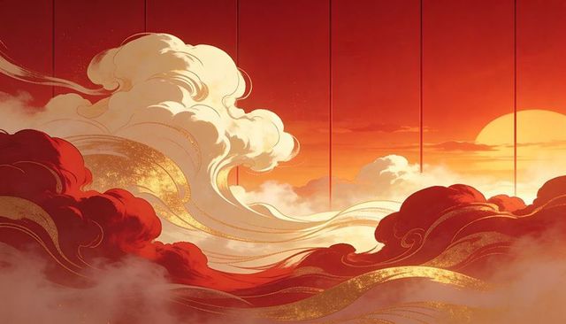 Gilded cloudwave sunset with gold highlights, art nouveau waves and iridescent horizon