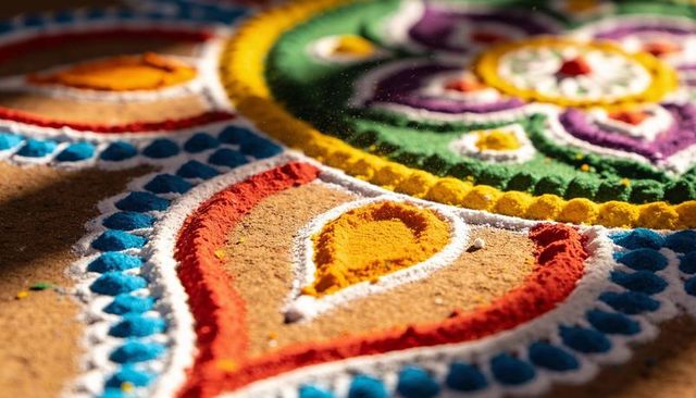 Sunlit colorful rangoli mandala displaying teardrop motif with vibrant colored powder