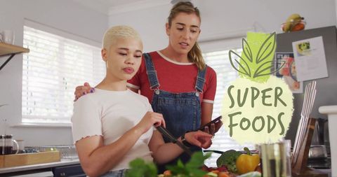 Diverse Female Couple Cooking Healthy Meals at Home