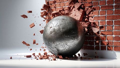 Hypothetical power of wrecking ball shattering brick wall