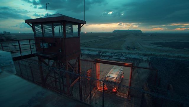 Guard tower overlooking barbed-wire fence and van at dusk