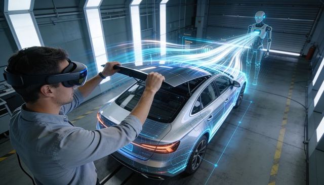 Technician using mixed reality headset scanning coupe with ai hologram diagnostics