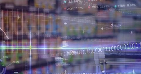 Augmented retail analytics overlay displaying binary data stream over supermarket aisle