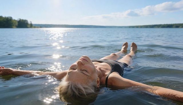 Senior woman floating calmly on sunlit lake with arms outstretched, serene lake relaxation