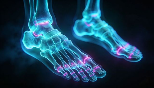 Neon 3d foot skeleton highlighting joint anatomy and inflammation in translucent blue