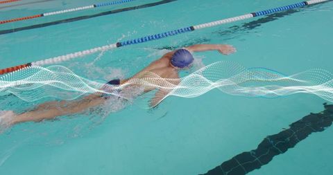 Competitive swimmer cutting through pool lanes with dynamic waveform overlay and splash