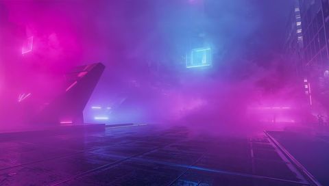 Magenta-Cyan Cyberpunk Plaza Bathed in Neon Fog with Floating Glowing Cube and Monolith