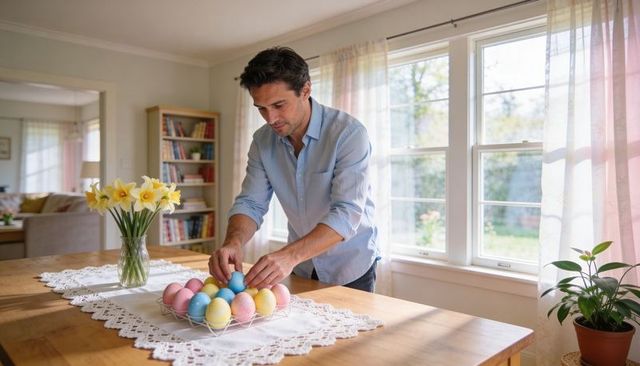 Man arranging pastel easter eggs on sunlit dining table with daffodils and spring decor