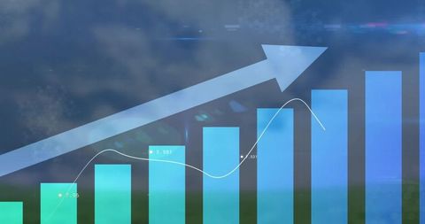 Displaying turquoise bar chart with upward arrow and white trendline for business growth