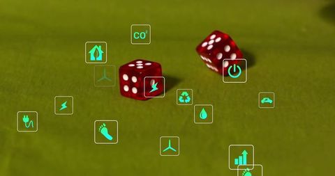 Red Dice on Green Felt with Floating Eco Icons Representing Sustainability