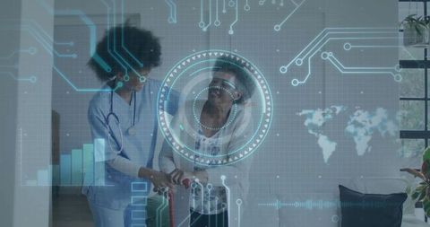 Nurse assisting senior in high-tech healthcare setting