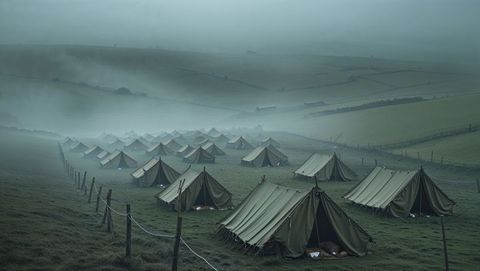 Misty countryside tenting on foggy hill slope inspired by first world war