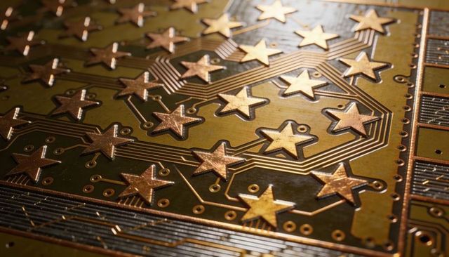 Copper star circuit board macro, gold pcb traces and star pads high-tech metallic texture