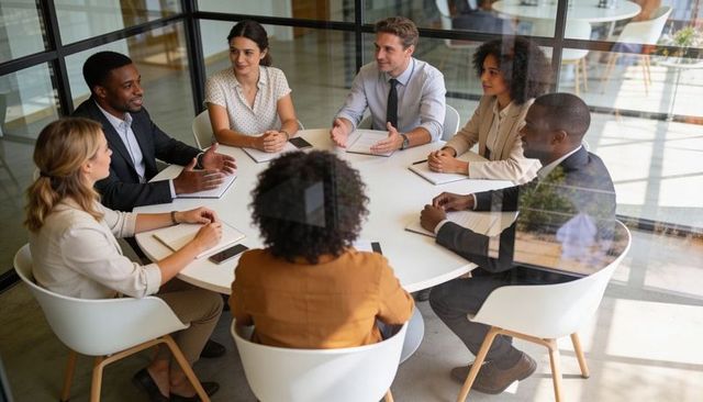 Diverse business team collaborating around round table in modern glass office for executive meeting